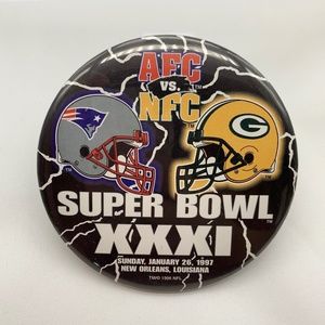 Vintage NFL 1997 Super Bowl XXXI GB Packers Patriots AFC vs. NFC Button Pin.